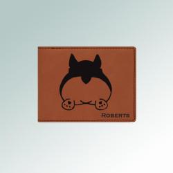 Personalized leatherette corgi wallet with an engraved corgi design and text. Makes a great father's day gift. 100+ corgi designs to choose from.