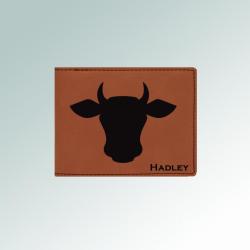 Leatherette farm animal wallet with an engraved farm animal design and text. Makes a great father's day gift. 100+ farm animal designs to choose from.