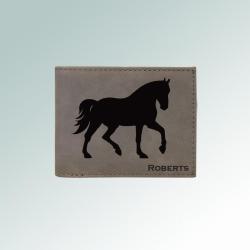 Personalized leatherette horse silhouette wallet with a engraved horse silhouette and text. 85+ horse silhouettes to choose from.
