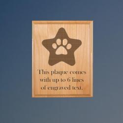 Genuine red alder dog paw plaque with engraved dog paw design and text. Makes great dog show award.