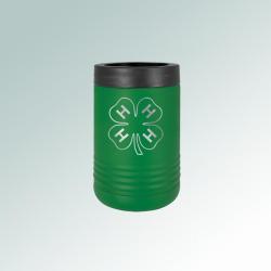 Custom engraved stainless steel vacuum insulated 4-H beverage holder with personalized text and 4-H logo.