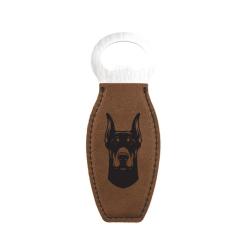 Laser engraved leatherette bottle opener with personalized engraved text and custom Doberman dog design. Doberman Bottle Opener