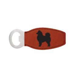 Personalized leatherette bottle opener with the dog design and custom engraved text of your choice.