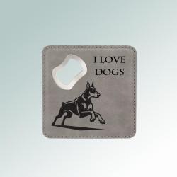 Leatherette bottle opener coaster with the custom engraved doberman design of your choice and personalized text. 25+ Doberman designs to choose from.