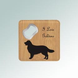 Golden Retriever bottle opener coaster made out of leatherette comes with personalized text and the Golden Retriever design of your choice.