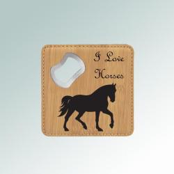 Leatherette bottle opener coaster with the custom engraved horse silhouette of your choice and personalized text. 85+ horse silhouettes to choose from.
