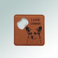 Corgi bottle opener coaster made out of leatherette comes with personalized text and the corgi design of your choice. 100+ corgi designs to choose from.