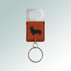 Personalized engraved leatherette bottle opener corgi key chain with the corgi design and engraved text of your choice. 100+ corgi designs to choose from.