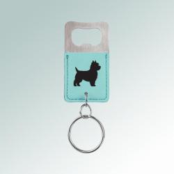 Personalized engraved leatherette bottle opener key chain with the dog breed design and custom engraved text of your choice. 100+ dog breeds to choose from.