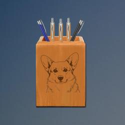 Engraved maple corgi pen holder with your choice corgi design and personalized text. 100+ corgi designs to choose from.