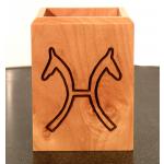 Personalized maple wood pen holder with custom engraved horse breed logo and engraved text. Equestrian Pen Holder
