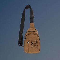 Custom engraved explorer corgi crossbody bag with your choice of corgi design and personalized text.