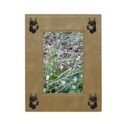 Personalized leatherette picture frame with custom engraved Doberman dog design and text.