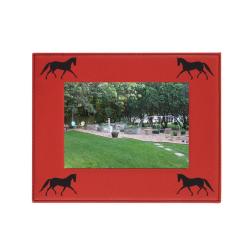 Custom laser engraved leatherette picture frame with horse design and personalized text.