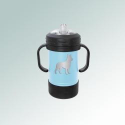 Custom engraved stainless steel dog breed sippy cup with your choice of dog design and personalized text. 100+ dog breeds to choose from.