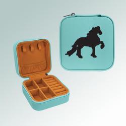 Leatherette horse breed travel jewelry box with your choice of horse breed logo and personalized engraved text. 25+ horse breed logos to choose from.