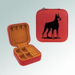 Leatherette doberman travel jewelry box with your choice of doberman design and personalized engraved text. 25+ Doberman designs to choose from.