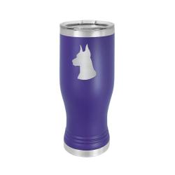 Custom engraved beer tumbler with engraved Doberman dog design and personalized text. Doberman Beer Tumbler