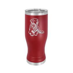 Custom engraved beer tumbler with engraved Golden Retriever dog design and personalized text.