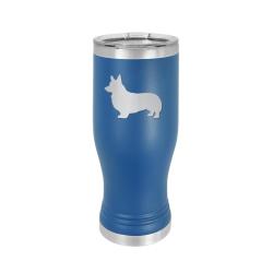 Custom engraved beer tumbler with engraved corgi design and personalized text. Corgi Beer Tumbler