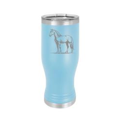 Custom engraved beer Tumbler with engraved horse design and personalized text. Equestrian Beer Tumbler