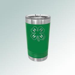 Personalized stainless steel 16 oz 4-H tumbler with custom engraved text and 4-H logo.
