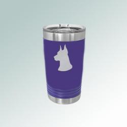 Personalized stainless steel 16 oz doberman tumbler with custom engraved text and doberman design. 25+ Doberman designs to choose from.