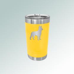 Personalized stainless steel 16 oz dog breed tumbler with custom engraved text and a dog breed. 100+ dog breeds to choose from.
