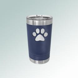 Personalized stainless steel 16 oz dog paw tumbler with custom engraved text and a dog paw design. 25+ dog paw designs to choose from.