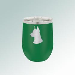 Custom engraved stainless steel stemless doberman wine tumbler with laser engraved doberman dog design and text. 25+ Doberman designs to choose from.