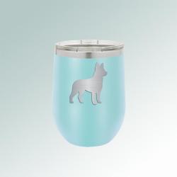 Custom engraved stainless steel stemless dog breed wine tumbler with laser engraved dog breed & text. 100+ dog breeds to choose from.