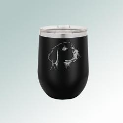 Custom engraved stainless steel stemless golden retriever wine tumbler with laser engraved design and text. 80+ Golden Retriever designs to choose from.
