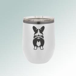 Custom engraved stainless steel stemless corgi wine tumbler with laser engraved corgi design and text. 100+ corgi designs to choose from.