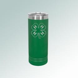 Personalized stainless steel 4-H skinny tumbler with your choice of 4-H logo and custom engraved text.