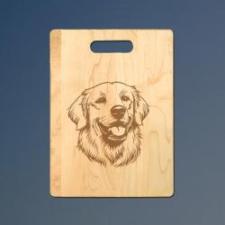 Custom engraved maple wood cutting board with golden retriever design and personalized text. 80+ Golden Retriever designs to choose from.