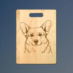 Custom engraved maple wood corgi cutting board with personalized text. 100+ corgi designs to choose from