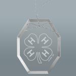 Custom engraved clear glass Christmas ornament with personalized text and 4-H logo. 4-H Ornament