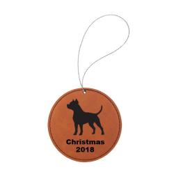 Custom engraved leatherette Christmas ornament with custom text and a dog design of your choice. Dog Ornament
