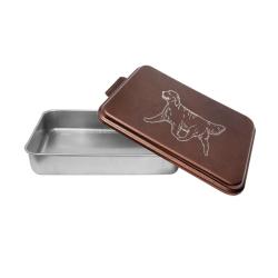 Personalized cake pan with engraved Golden Retriever design and custom text. Golden Retriever Cake Pan