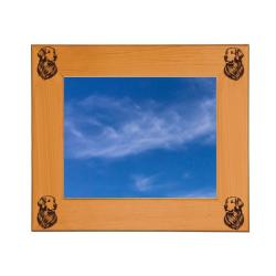 Personalized wood picture frame with custom engraved Welsh Corgi dog design and text.