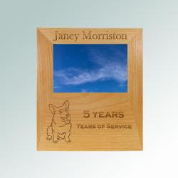 Custom engraved alder wood picture frame plaque with your choice of corgi design and personalized text. 100+ corgi designs to choose from.