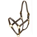 Tory Leather's 1" wide leather track halter with a throat snap and adjustable chin. Solid Brass or Nickel Hardware