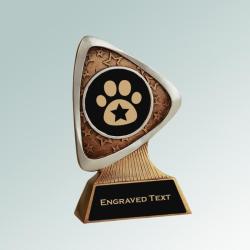 Personalized triad dog paw trophy with your choice of dog paw design and custom engraved text.