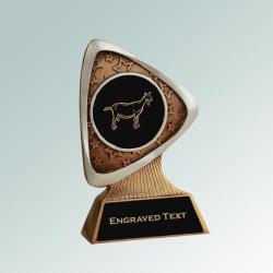 Custom engraved triad resin farm animal trophy with your choice of personalized text and farm animal design. 100+ farm animal designs to choose from.