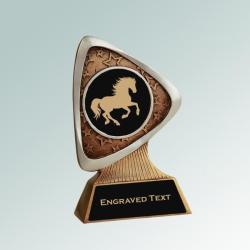 Custom engraved triad resin horse silhouette trophy with your choice of personalized text and horse silhouette. 85+ horse silhouettes to choose from.