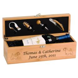 Personalized wine bottle gift box with your choice of dog design and custom engraved text. Dog Wine Gift Set