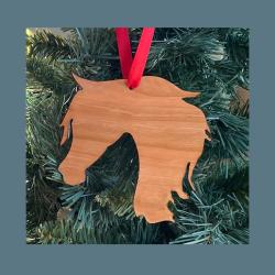 Wood Arabian head Christmas ornament with your choice of wood type, size and personalized text. Horse Ornament