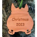 Cutout corgi butt wood ornament with custom engraved text. Corgi Ornament