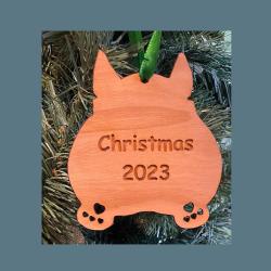 Cutout corgi butt wood ornament with custom engraved text. Corgi Ornament