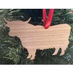 Wood Highland Cow Christmas ornament with your choice of wood type, size and personalized text. Cow Ornament